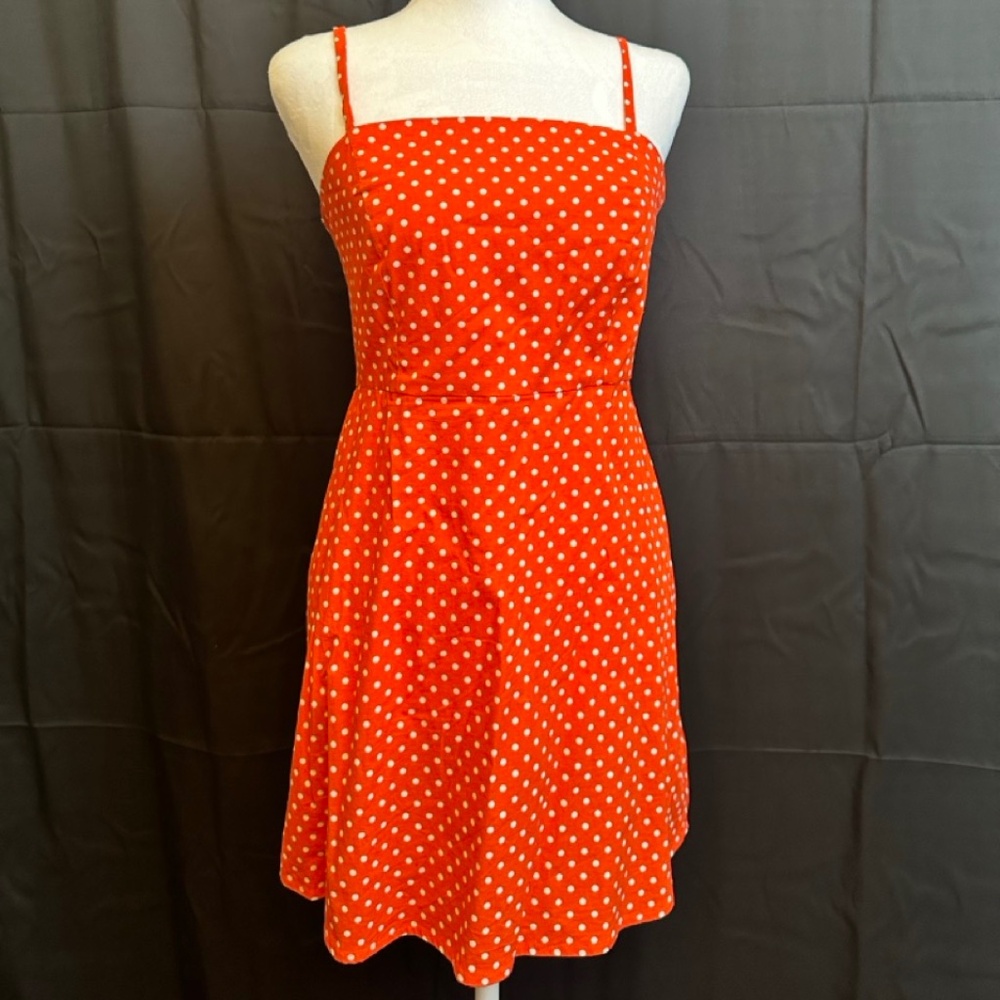 RED dress with white polka dots. Gotta love this happy attention getter. Size S